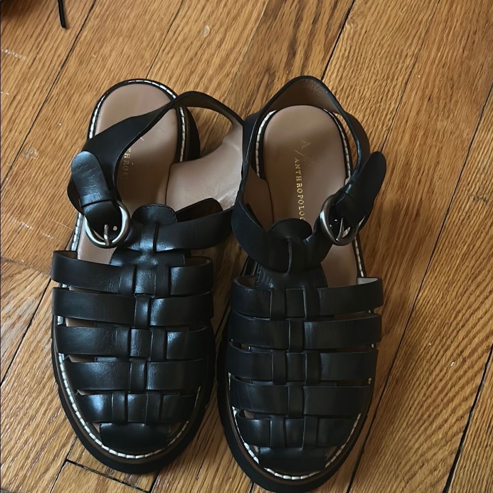 Anthropologie Black Leather Fisherman Sandals